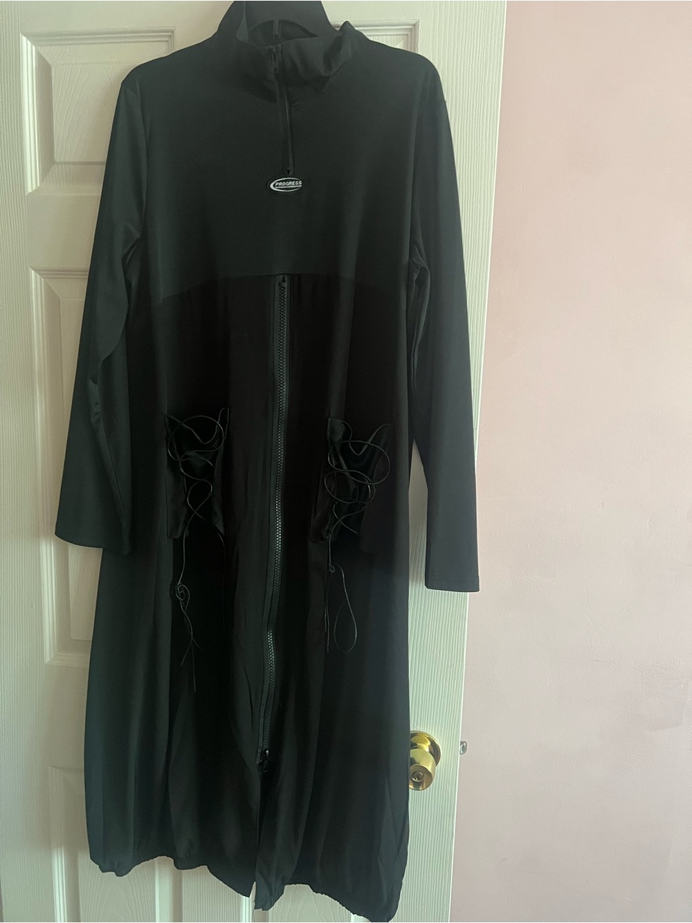 Black Midi Dress with Front Zip and Lace-Up Detail
